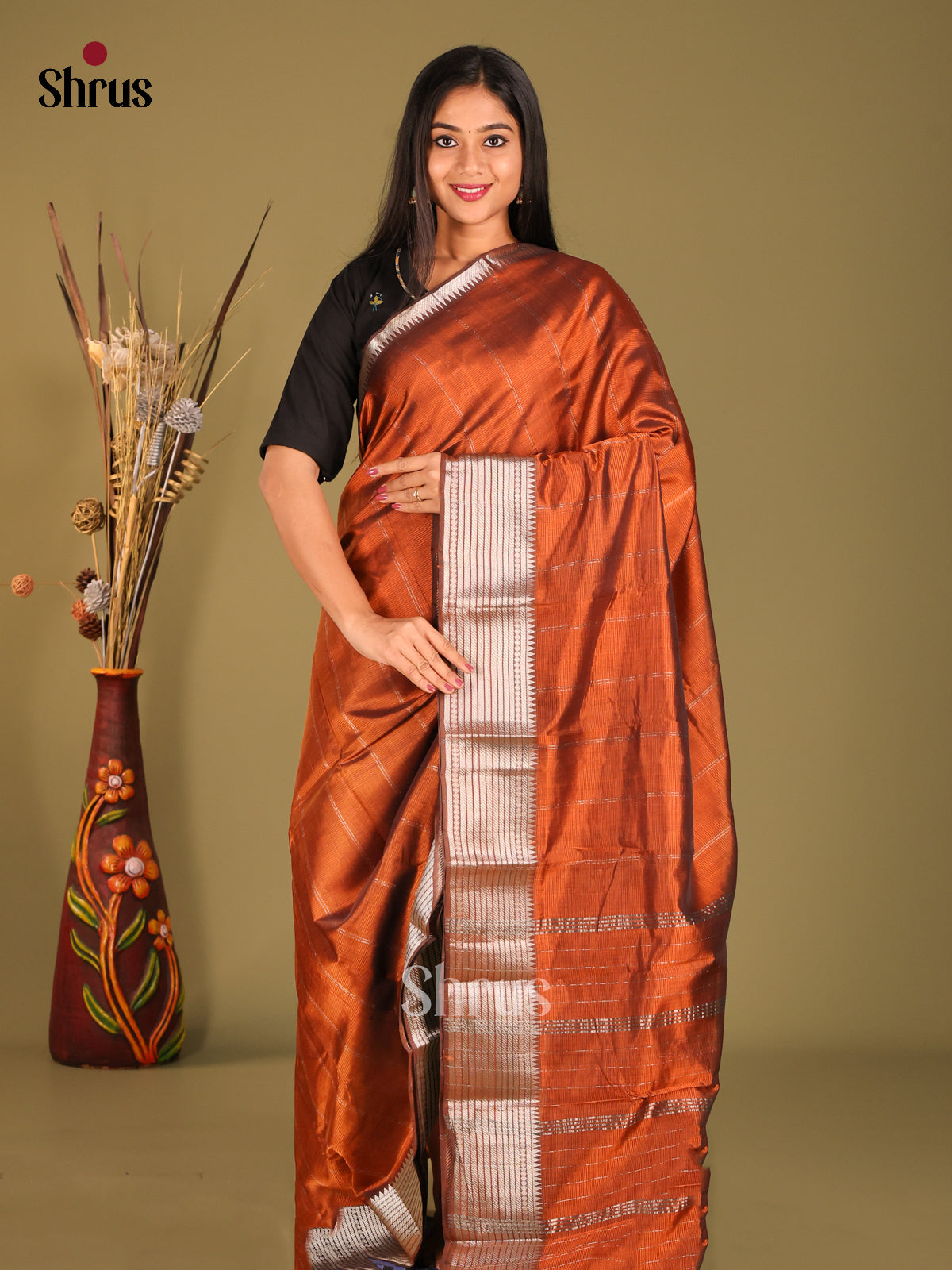 Rust single tone Mangalagiri silkcotton Saree with zari stripes