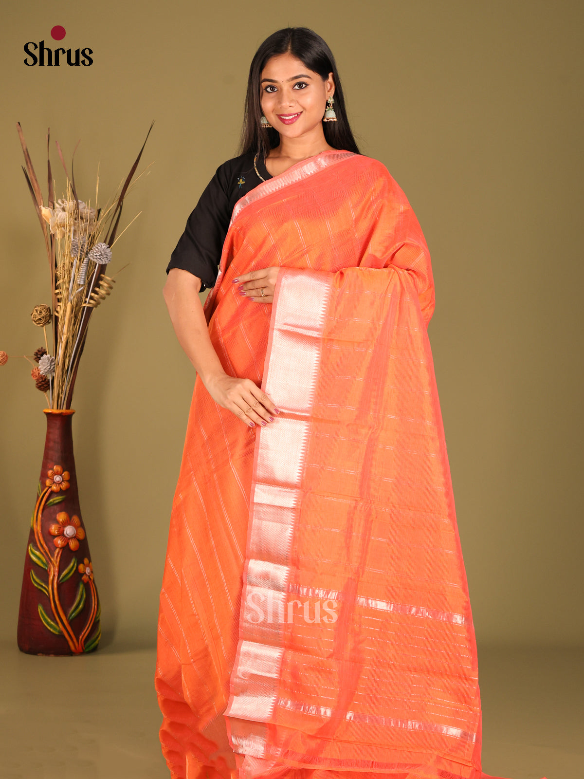 Orange single tone Mangalagiri silkcotton Saree with zari stripes