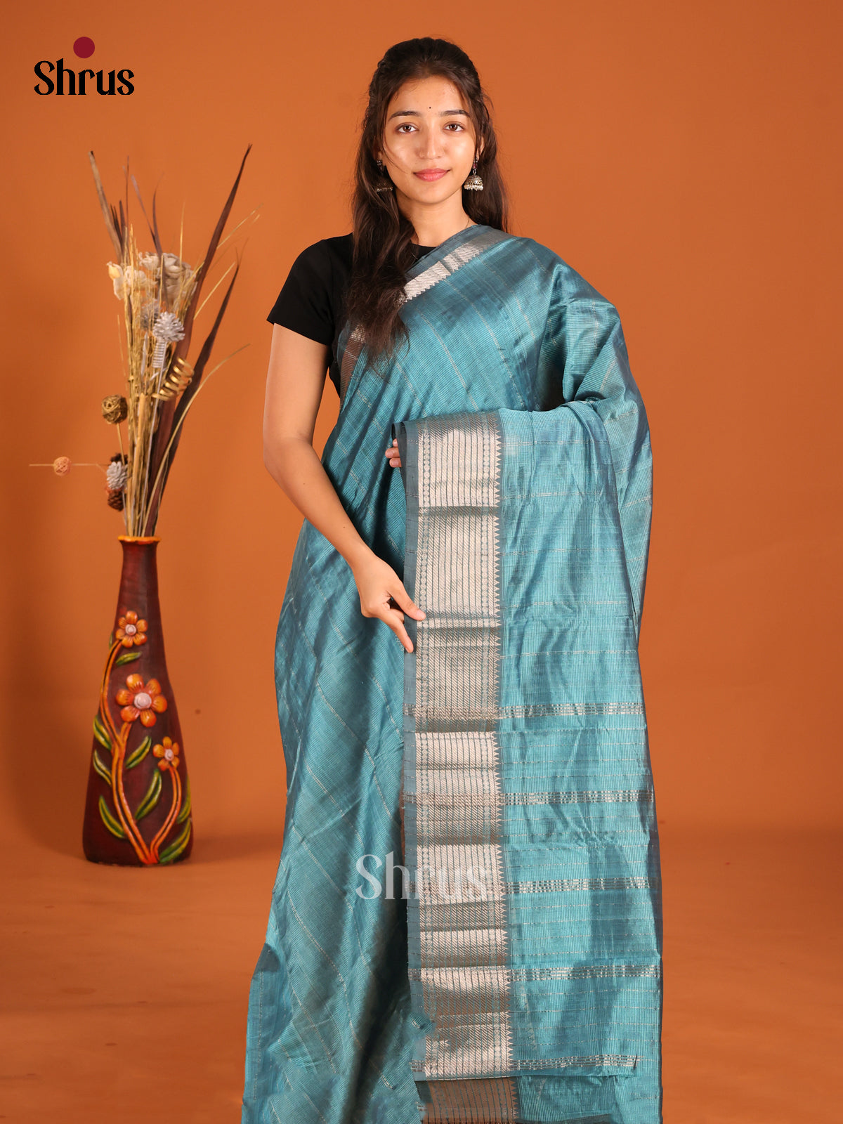 Blue single tone Mangalagiri silkcotton Saree with zari stripes