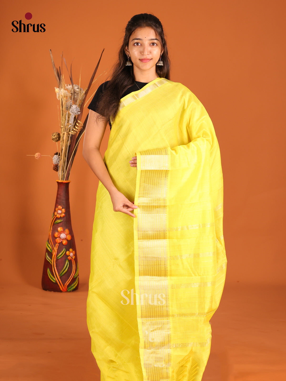 Yellow single Tone Mangalagiri silkcotton Saree with self zari border