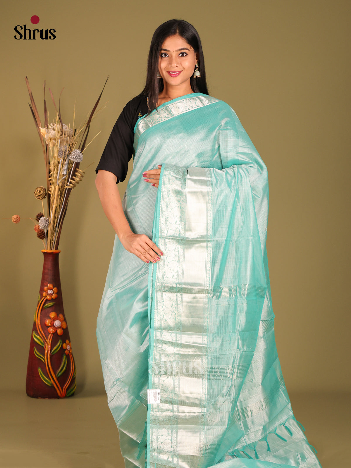 Pastel Blue single tone Mangalagiri silkcotton Saree with zari border