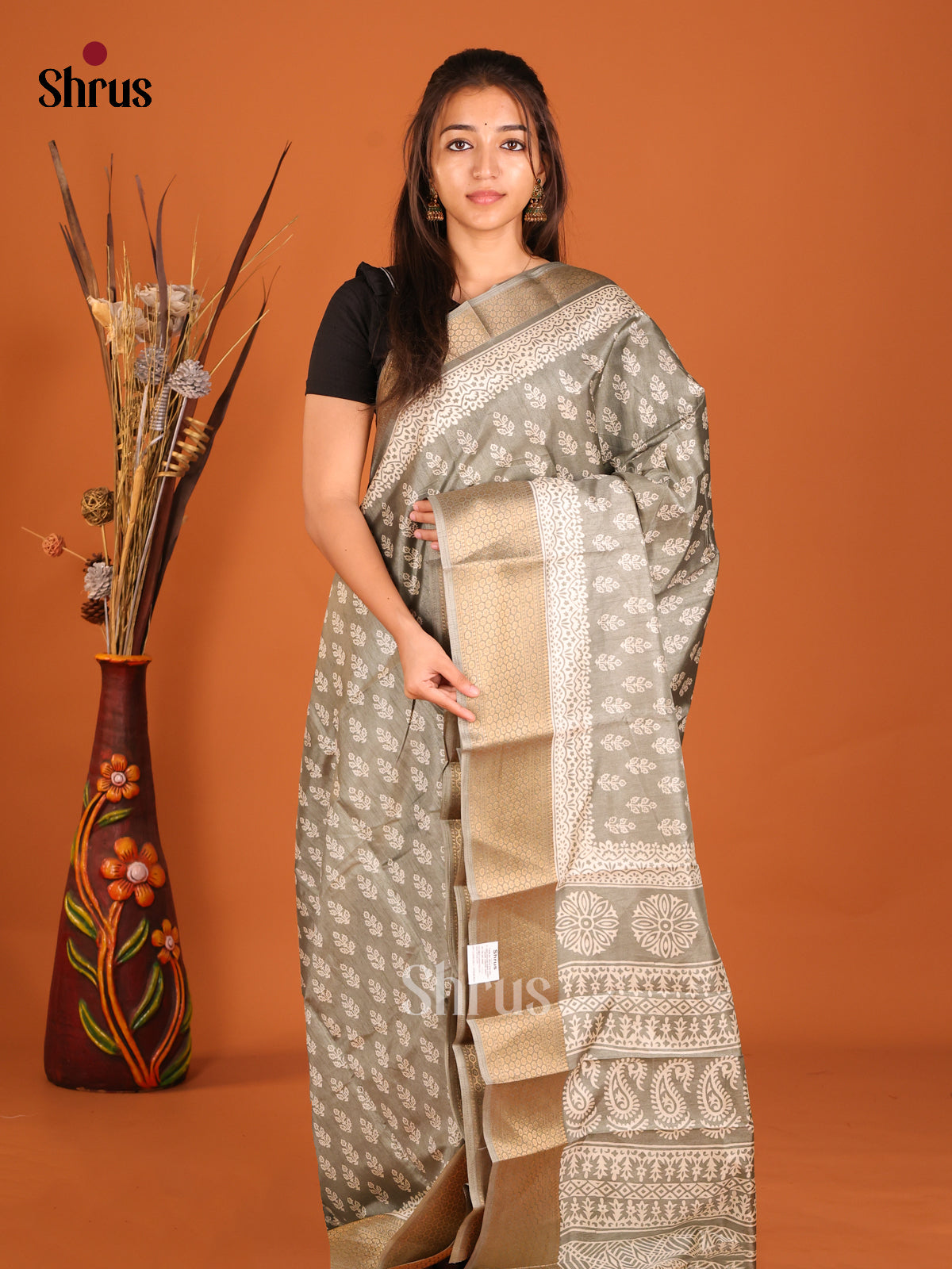 Grey - Semi Crepe Saree