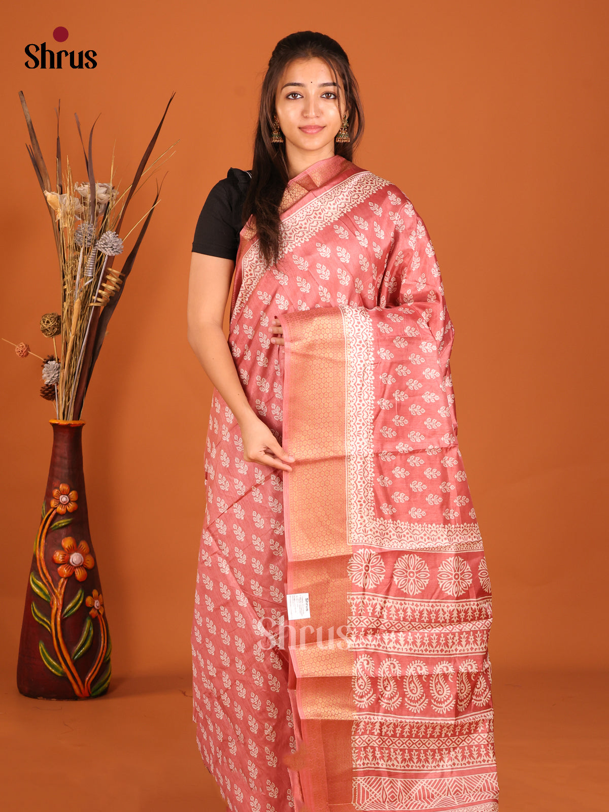 Orangish Pink- Semi Crepe Saree - Shop on Shrus.com