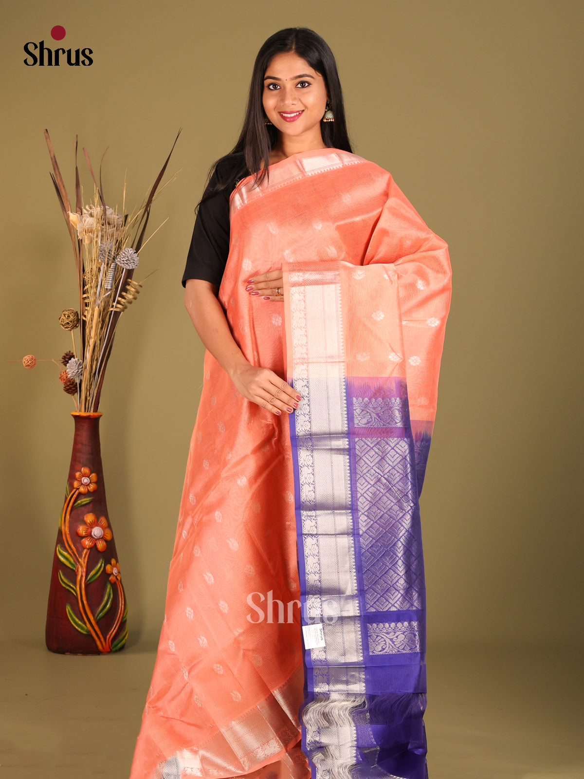 Peach & Blue - Mangalagiri silkcotton Saree with peacock , floral zari buttas