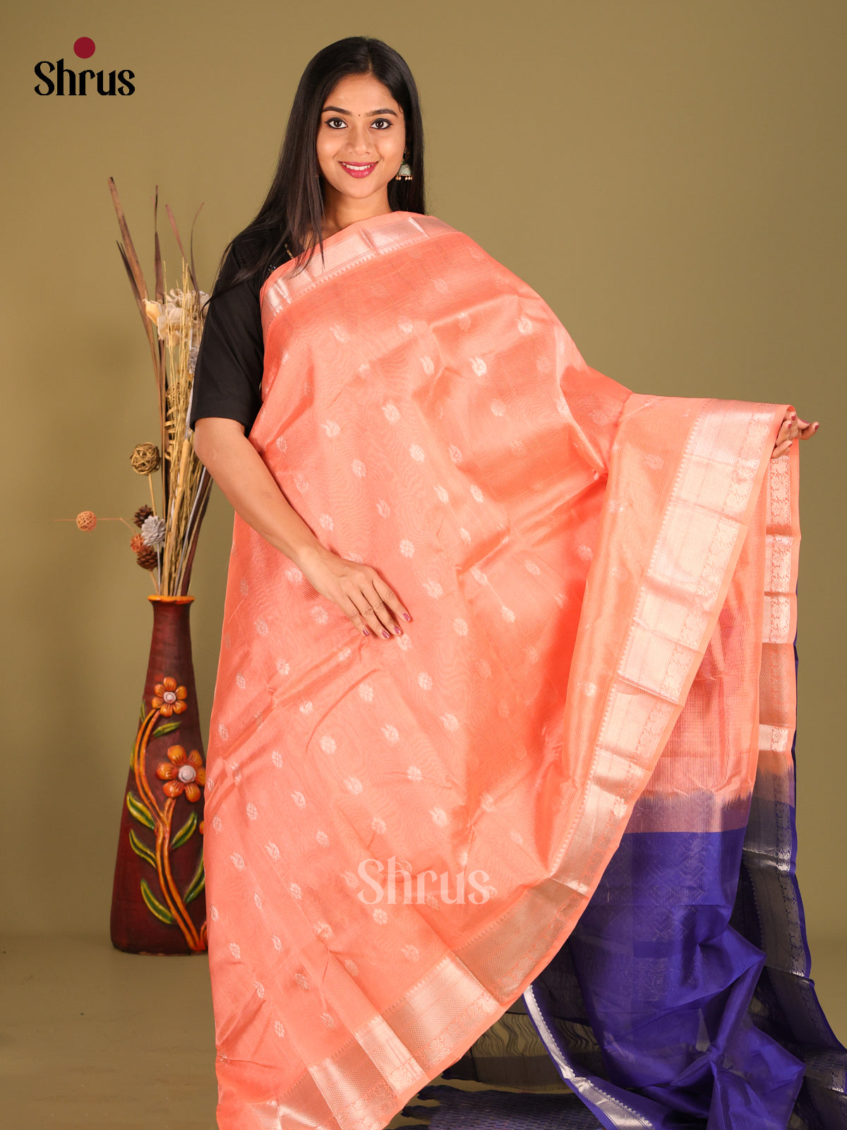 Peach & Blue - Mangalagiri silkcotton Saree with peacock , floral zari buttas -1