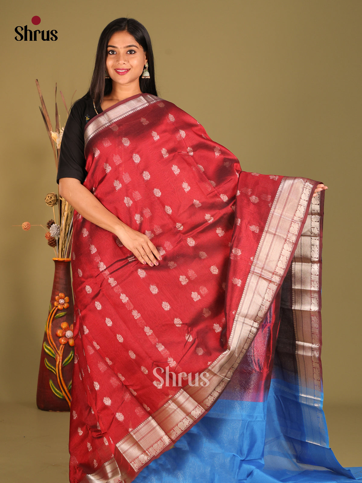 Maroon & Blue - Mangalagiri silkcotton Saree gleams with zari buttas -1