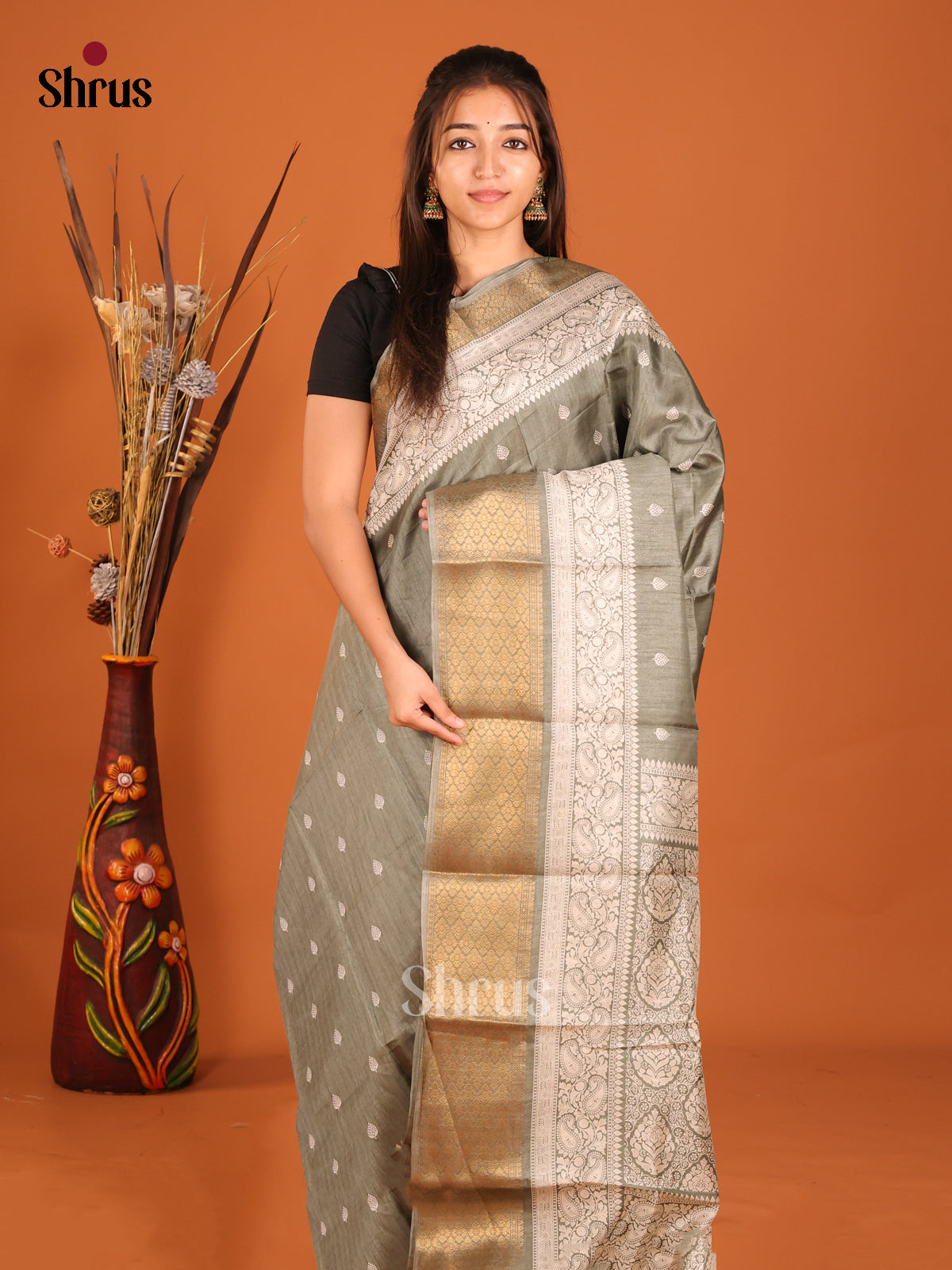 grey - Semi Crepe Saree - Shop on Shrus.com