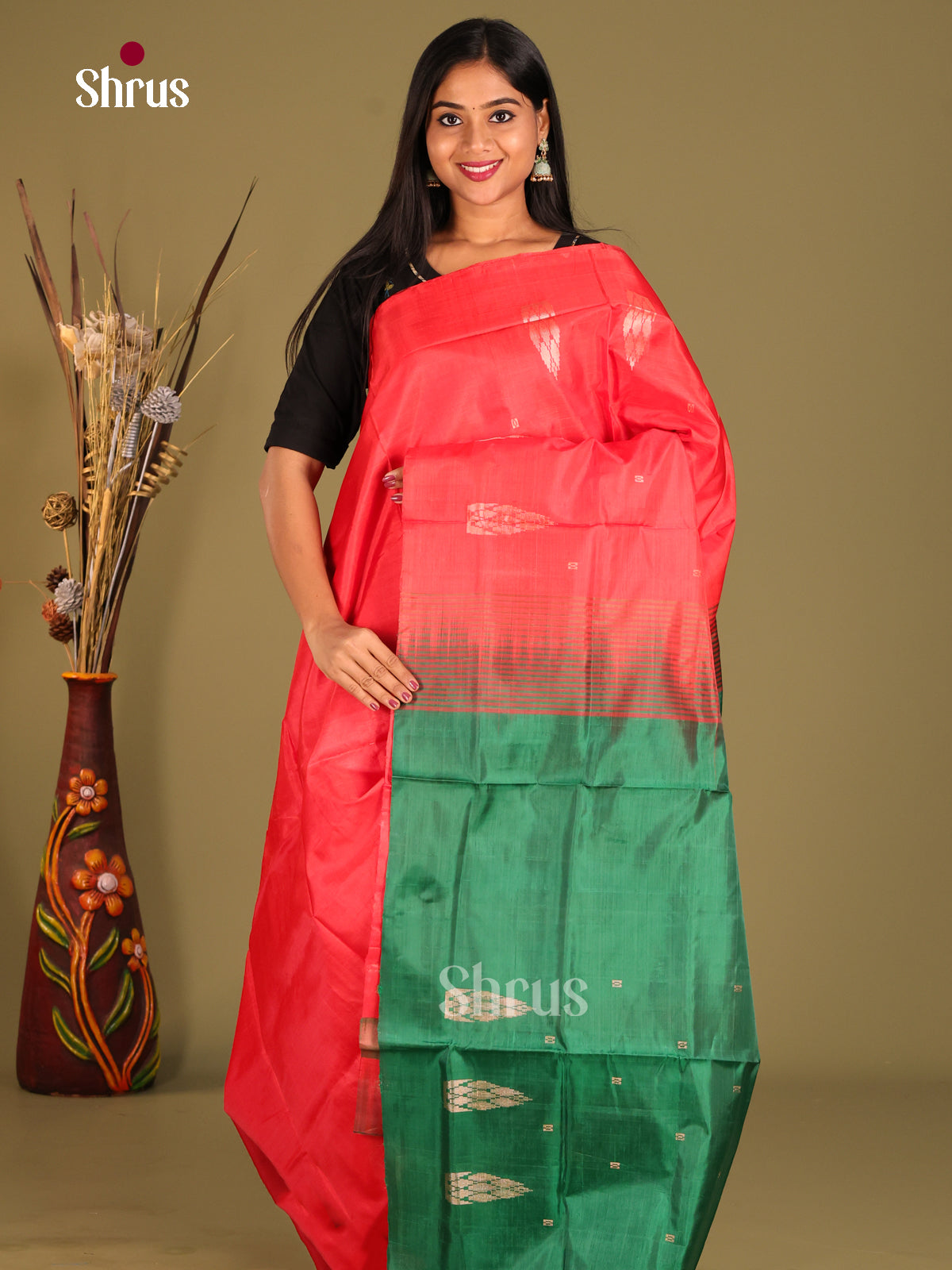Orange & Green - Banana Pith without blouse Saree - Shop on Shrus.com