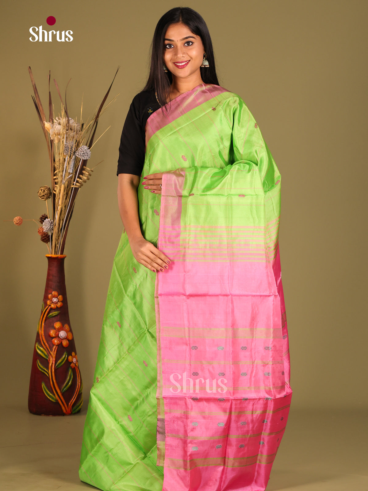 Pista Green & Pink - Banana Pith without blouse Saree - Shop on Shrus.com