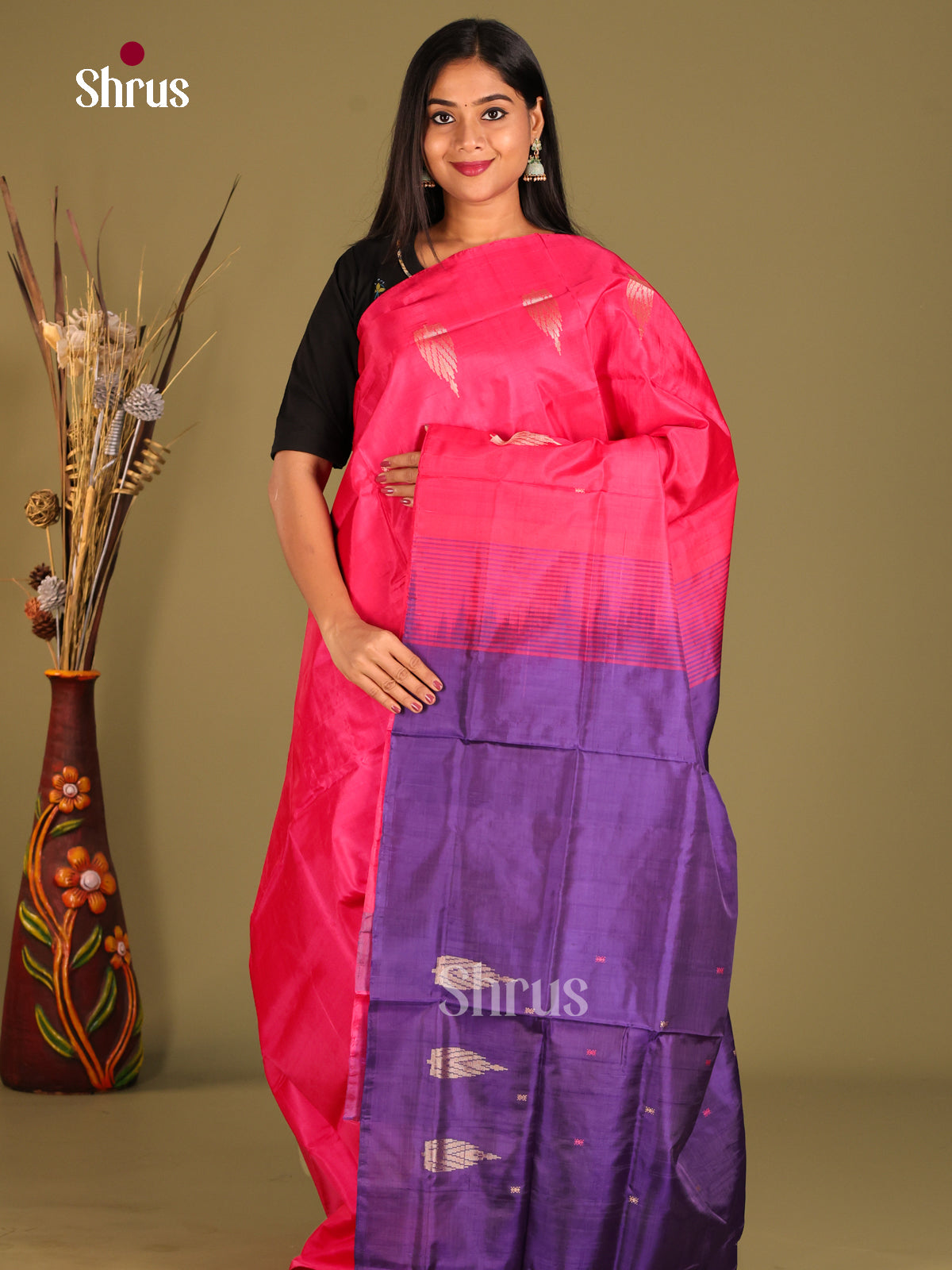 Pink & Violet - Banana Pith without blouse Saree - Shop on Shrus.com