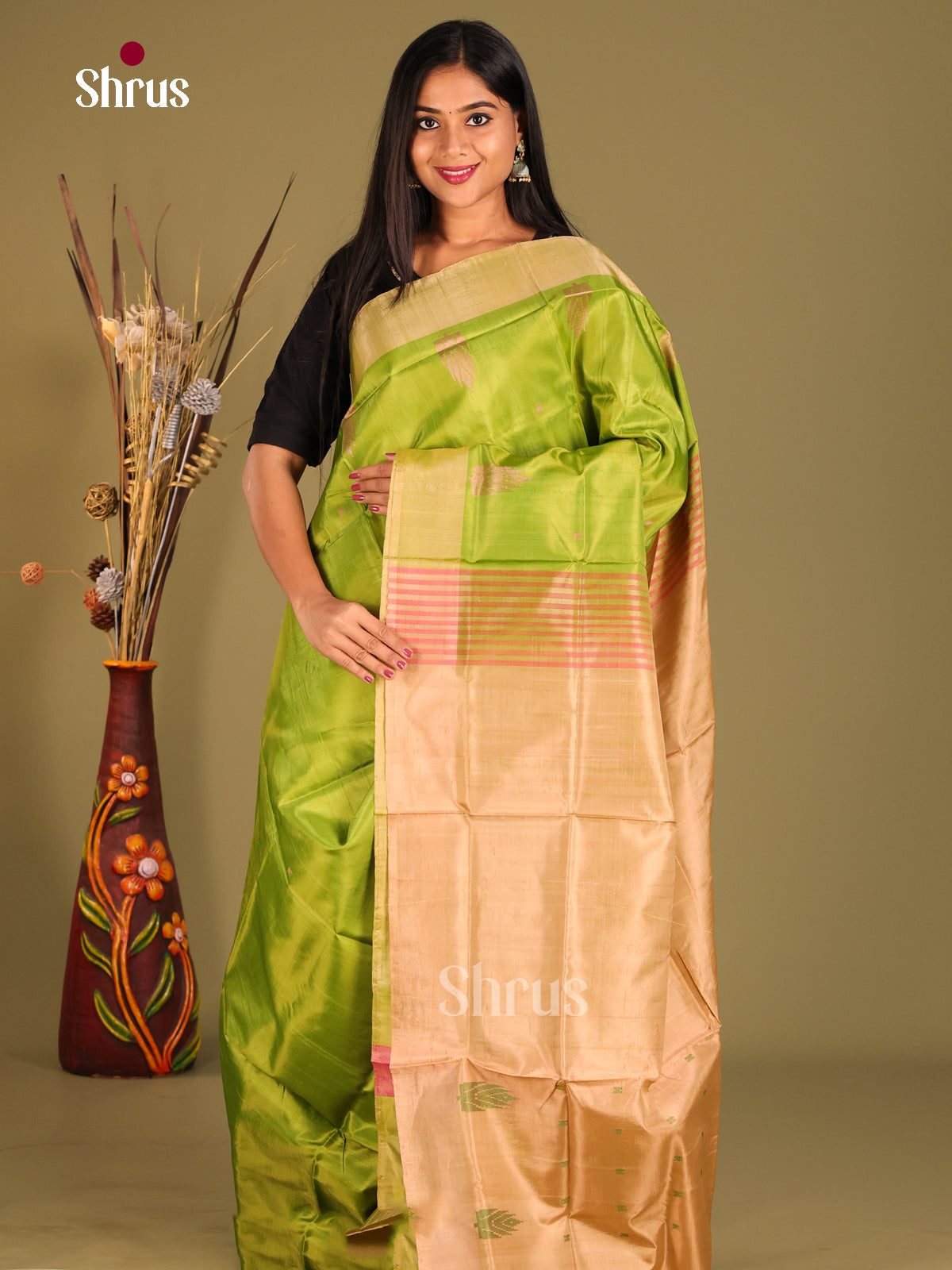 Parrot Green & Beige- Banana Pith without blouse Saree - Shop on Shrus.com