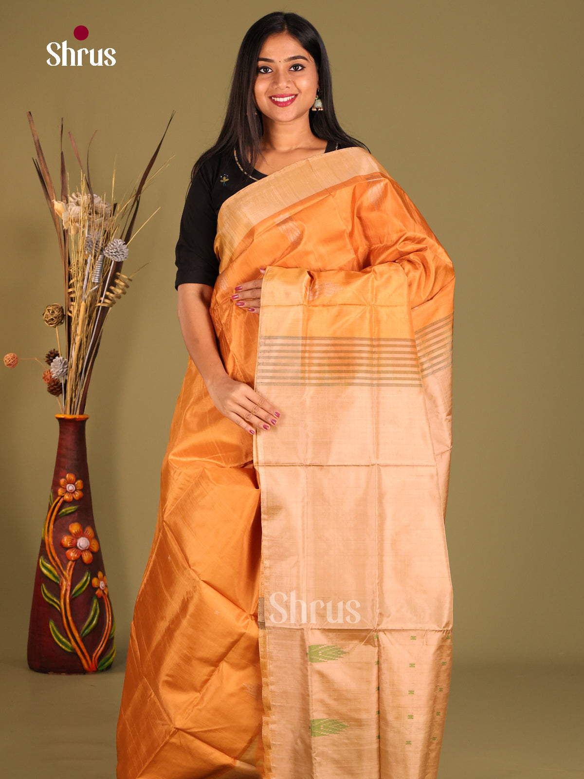 Orange & Cream - Banana Pith without blouse Saree - Shop on Shrus.com