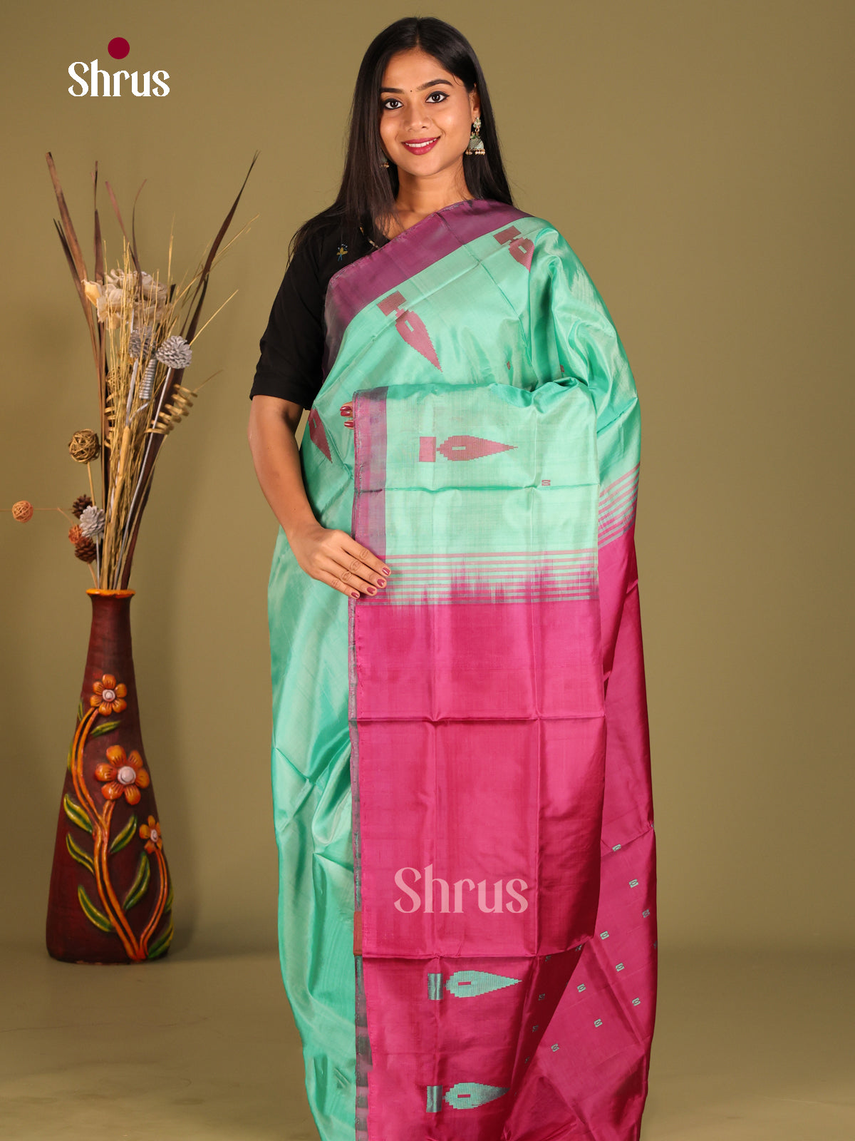 Teal Green & Maroon- Banana Pith without blouse Saree - Shop on Shrus.com