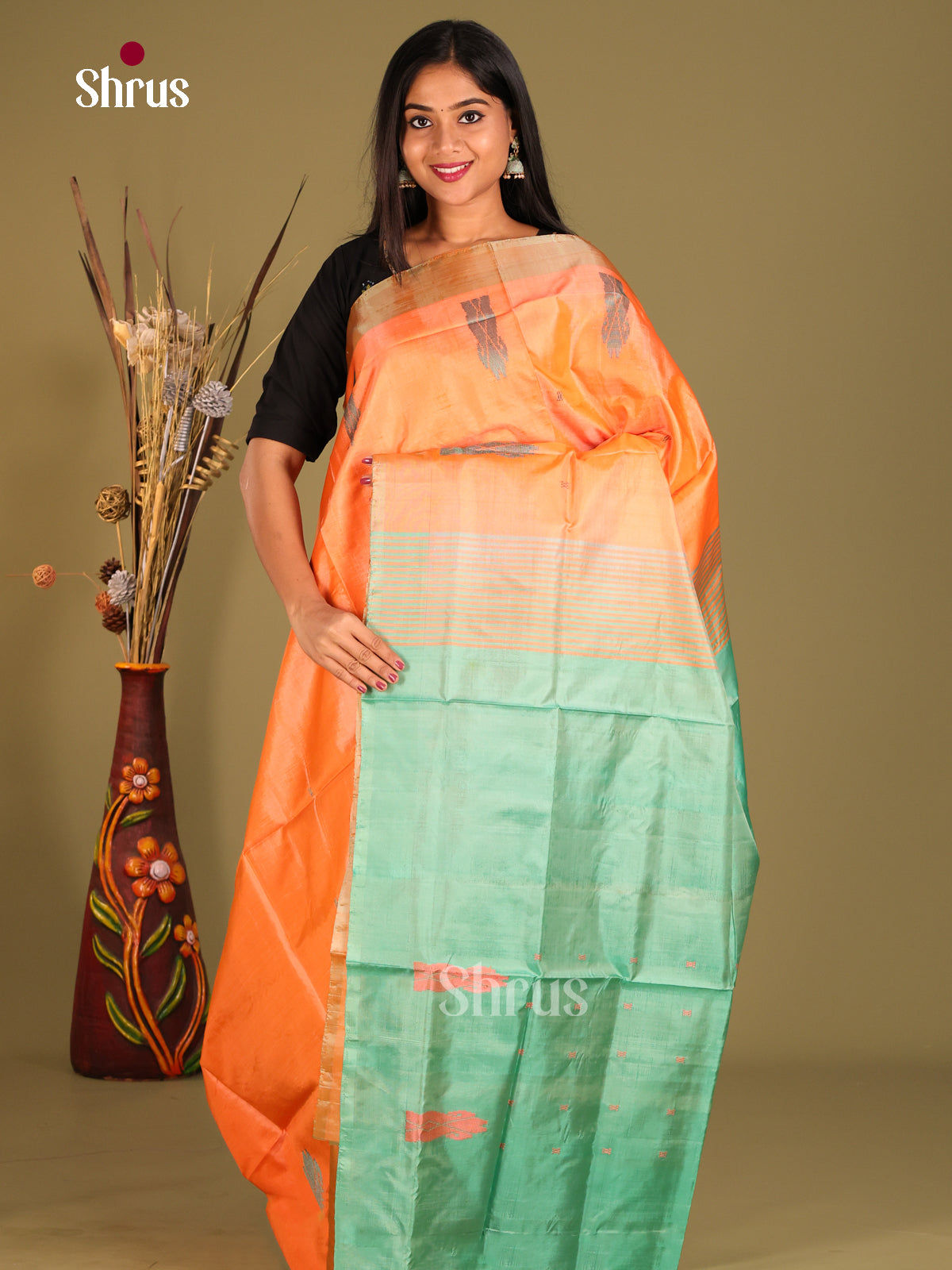 Orange & Real Green - Banana Pith without blouse Saree - Shop on Shrus.com
