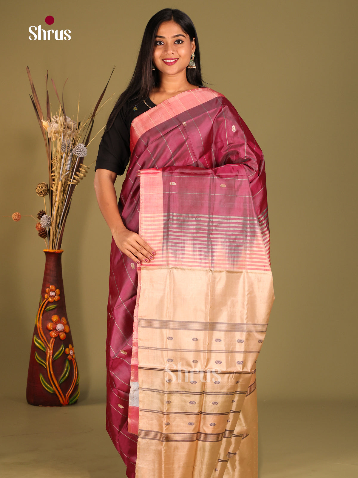Maroon & Cream - Banana Pith without blouse Saree - Shop on Shrus.com