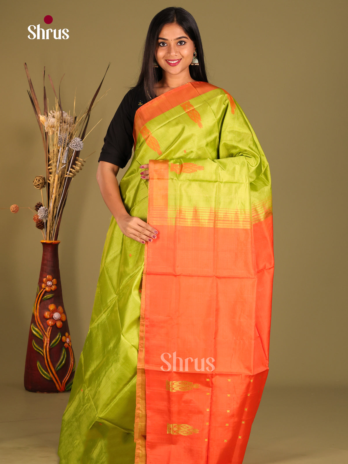 Light Green & Orange- Banana Pith without blouse Saree - Shop on Shrus.com