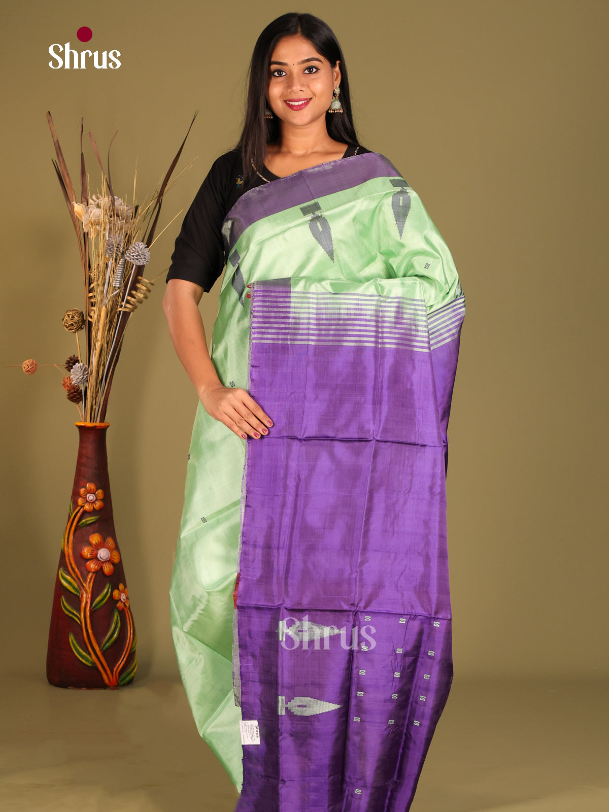 Pista Green & Purple - Banana Pith without blouse Saree - Shop on Shrus.com