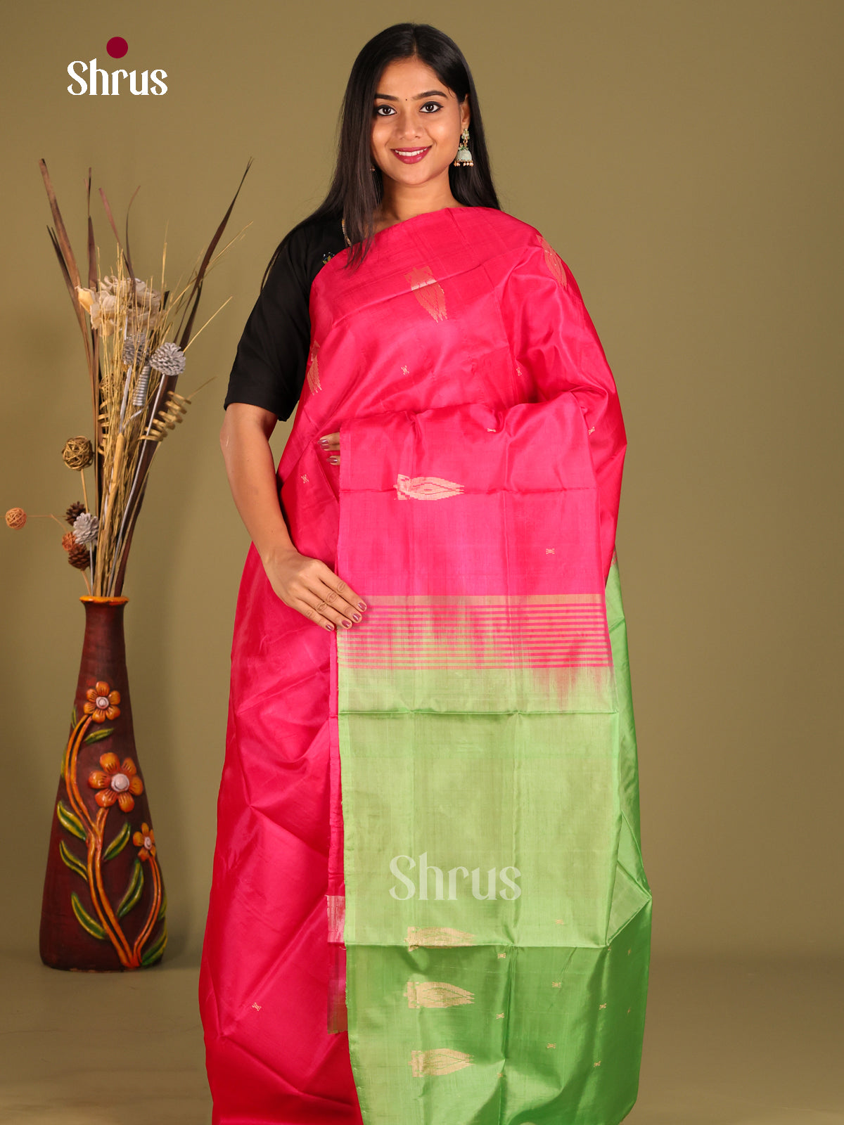 Pink & Green - Banana Pith without blouse Saree - Shop on Shrus.com