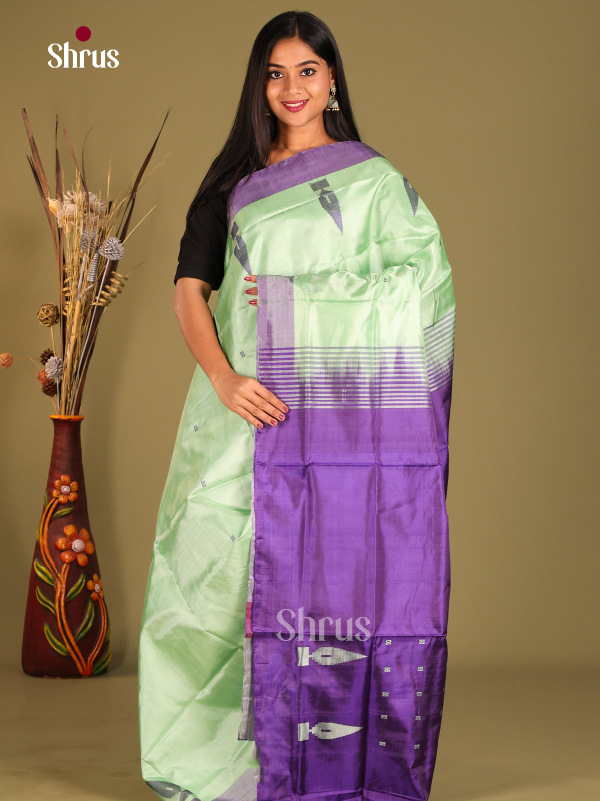 Pista Green & Violet - Banana Pith without blouse Saree - Shop on Shrus.com