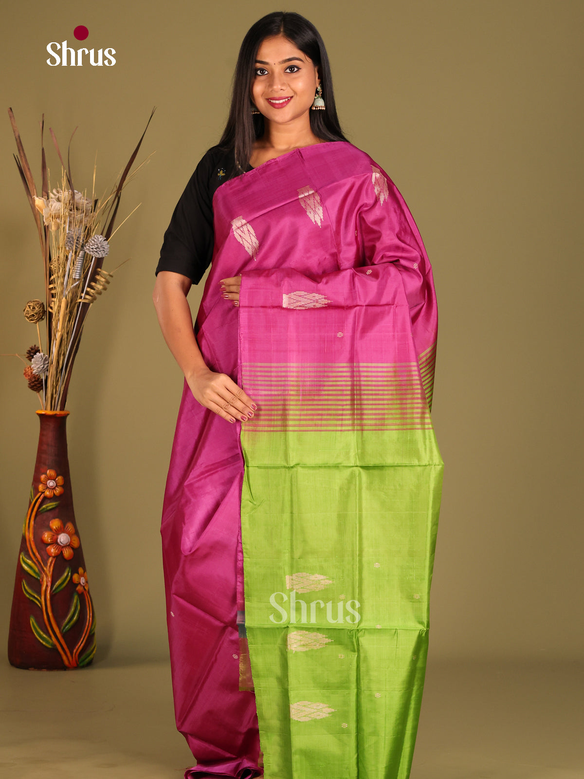 Purple & Green - Banana Pith without blouse Saree - Shop on Shrus.com