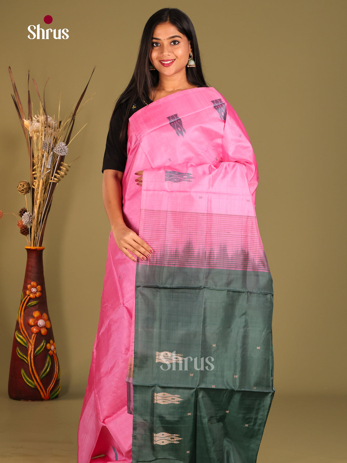 Pink & Green - Banana Pith without blouse Saree - Shop on Shrus.com