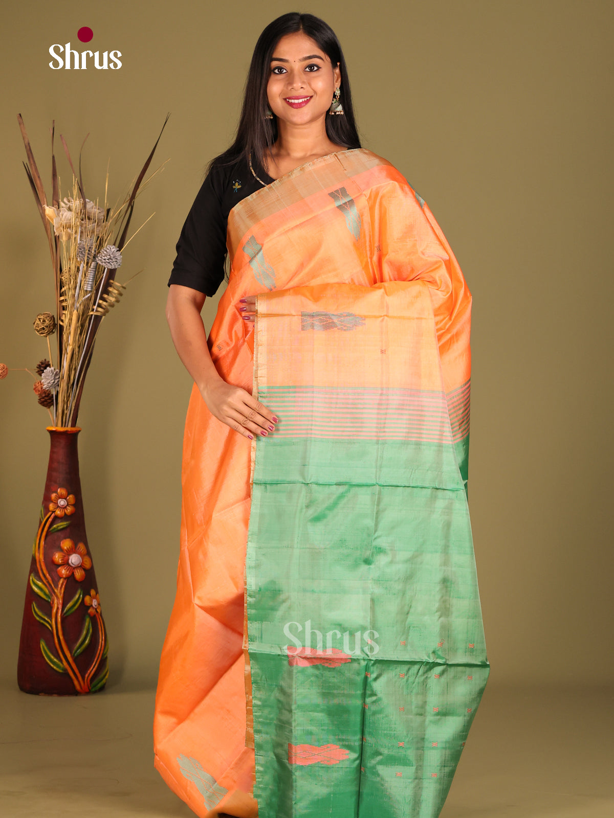 peach & Green - Banana Pith without blouse Saree - Shop on Shrus.com