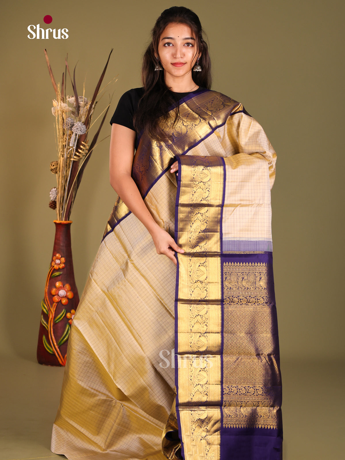 Beige & Blue Kanchipuram Korvai Saree with rich zari border