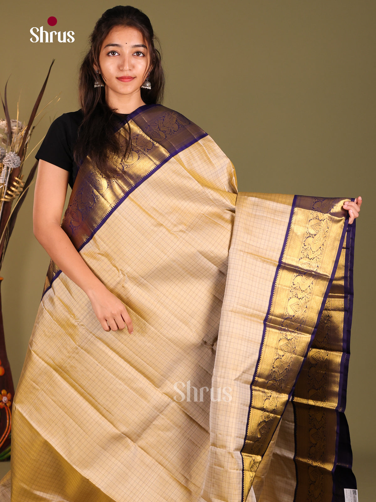 Beige & Blue Kanchipuram Korvai Saree with rich zari border