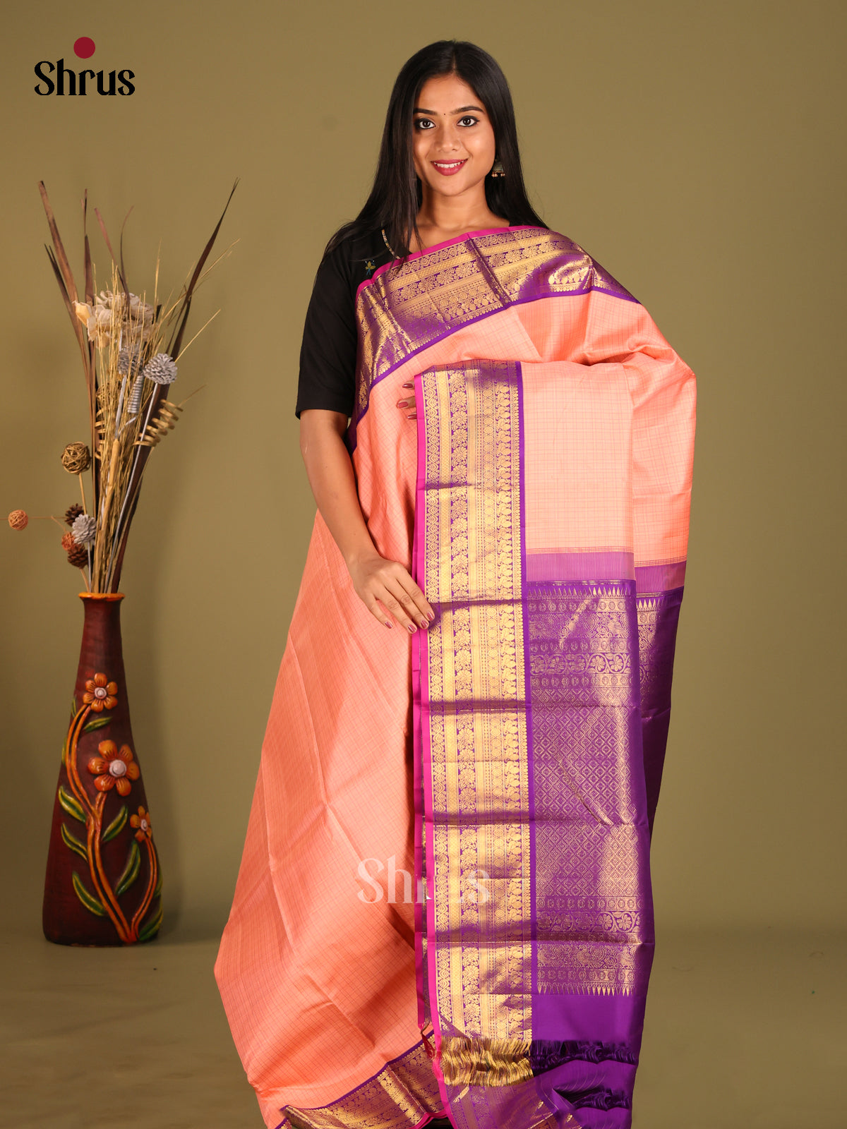 Chic Korvai Peach Kanchipuram Silk Saree with zari checks & Purple Zari Border