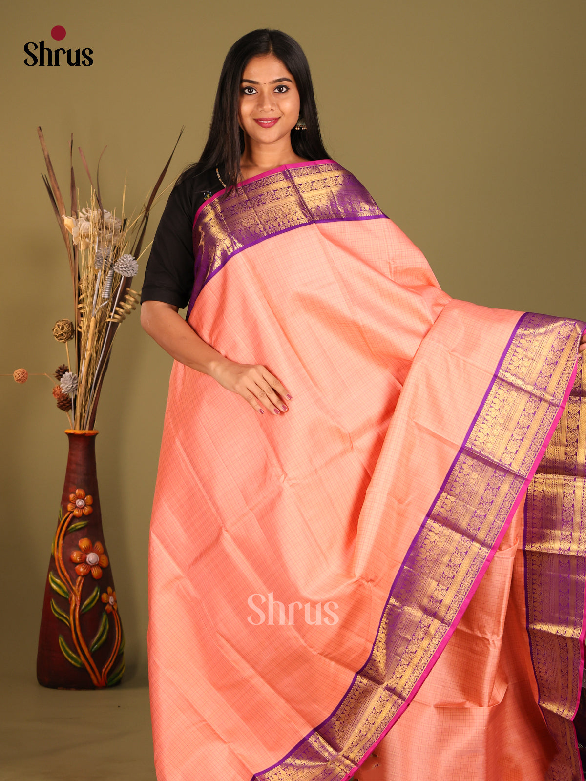 Chic Korvai Peach Kanchipuram Silk Saree with zari checks & Purple Zari Border 1