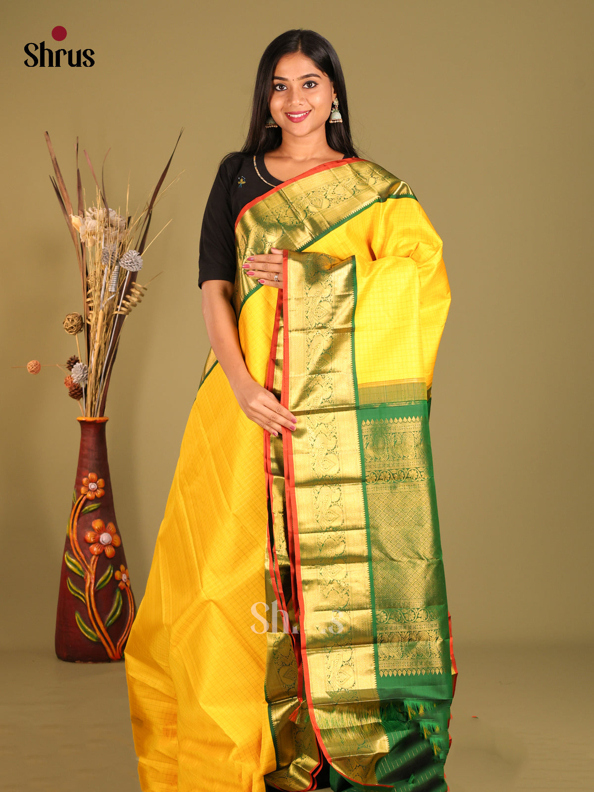 Yellow & Green Kanchipuram Korvai Saree with contrast rich zari border - Shop on Shrus.com