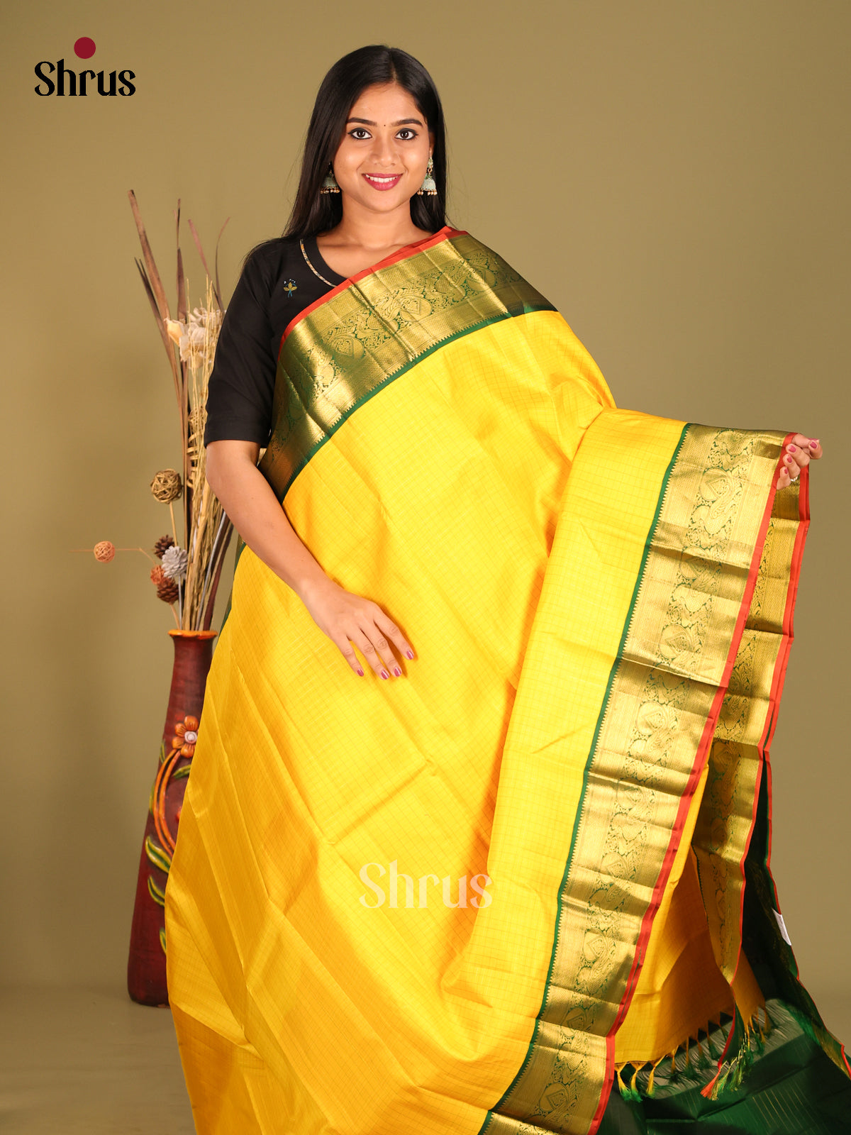 Yellow & Green Kanchipuram Korvai Saree with contrast rich zari border - Shop on Shrus.com