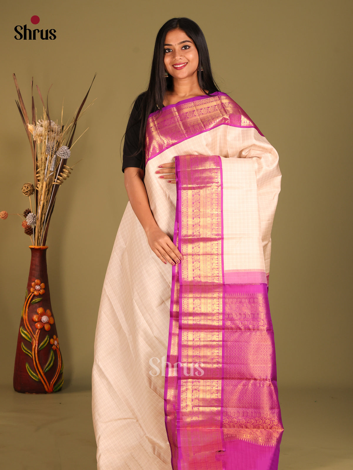 Beautiful Cream Korvai Kanchipuram Silk Saree with zari checks & Purple Zari Border