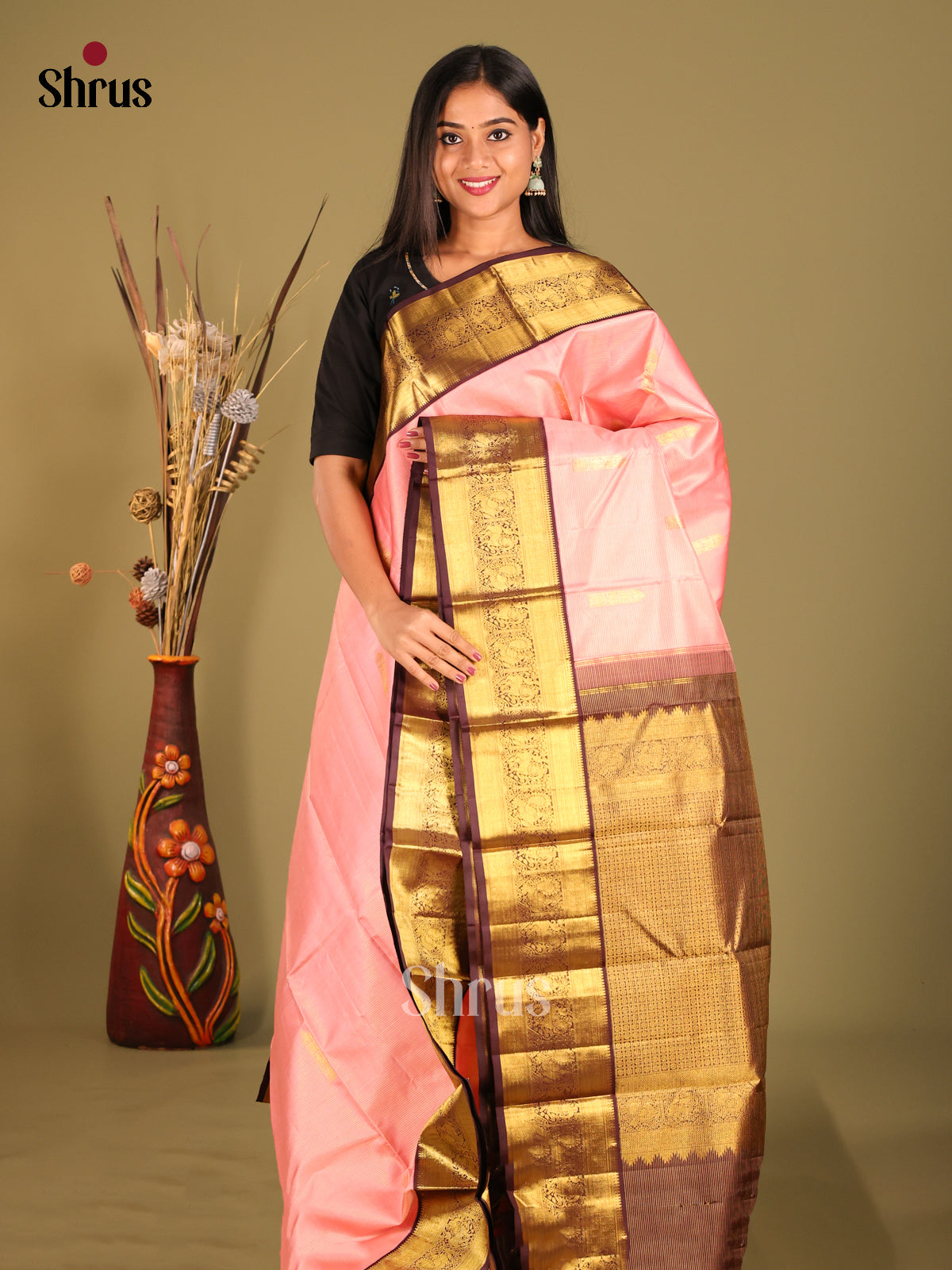 Chic Pink Korvai Kanchipuram Silk Saree with rich zari border & Brown Brocade Pallu