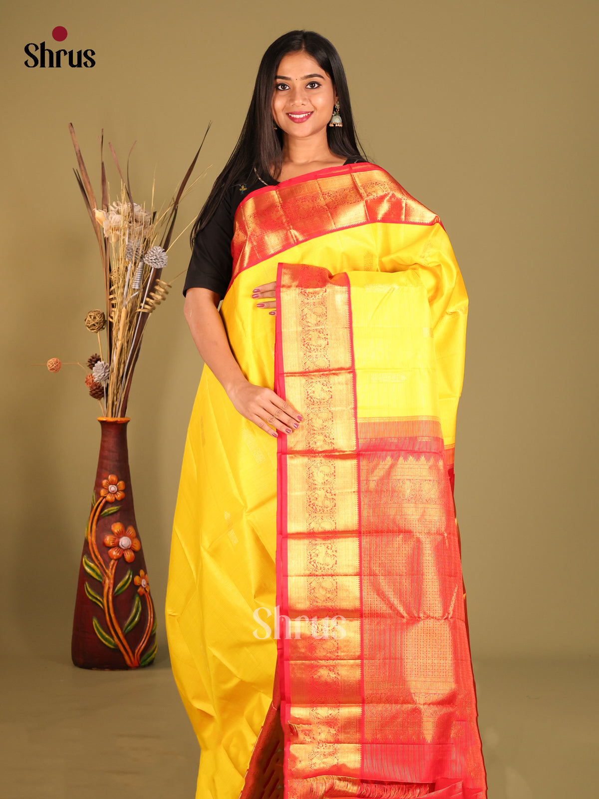 Radiant Korvai Yellow Kanchipuram Silk Saree with zari buttas & Red Brocade Pallu