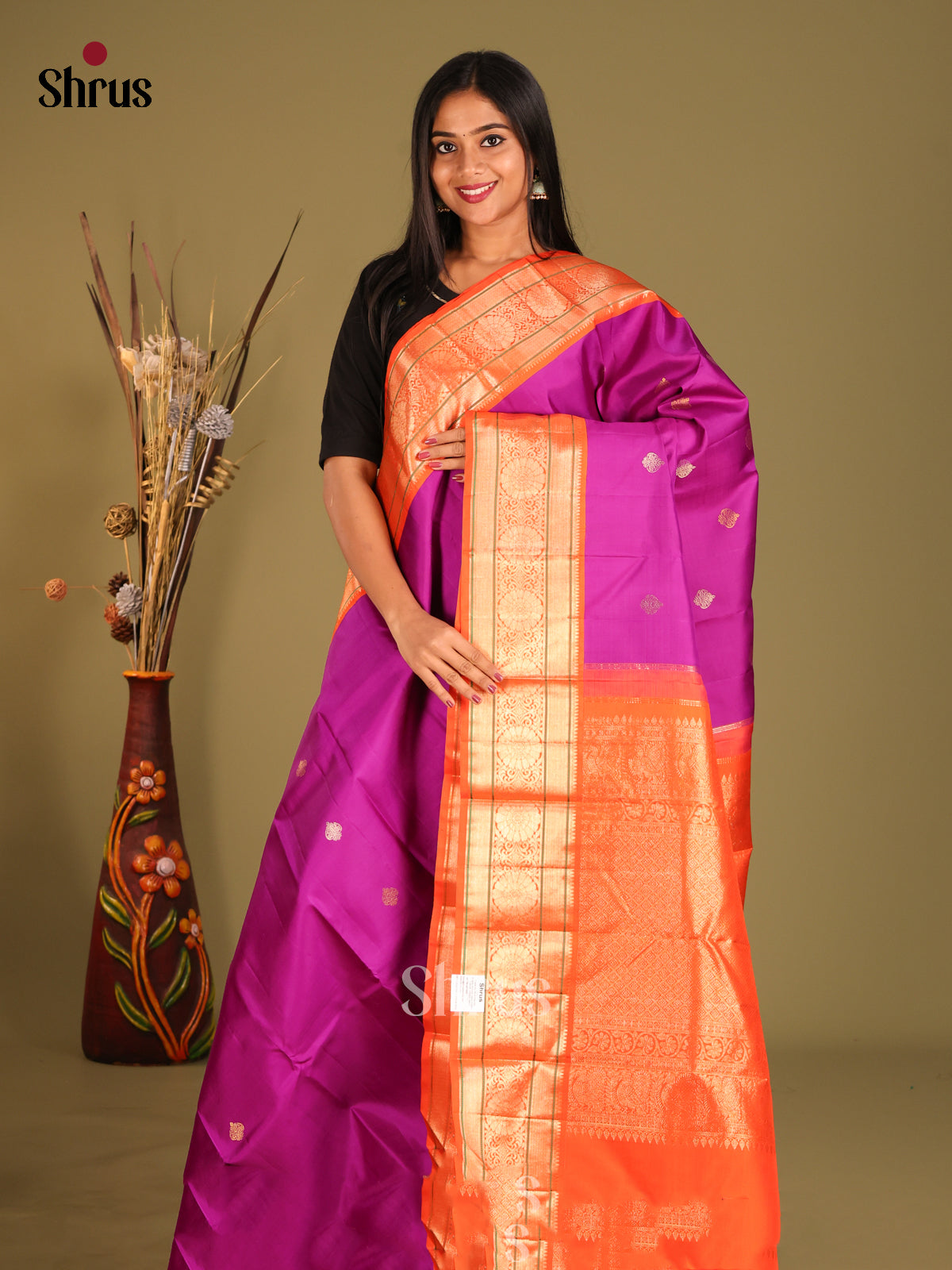 Pretty Purple Korvai Kanchipuram Silk Saree with Zari Buttas & traditional Orange zari border
