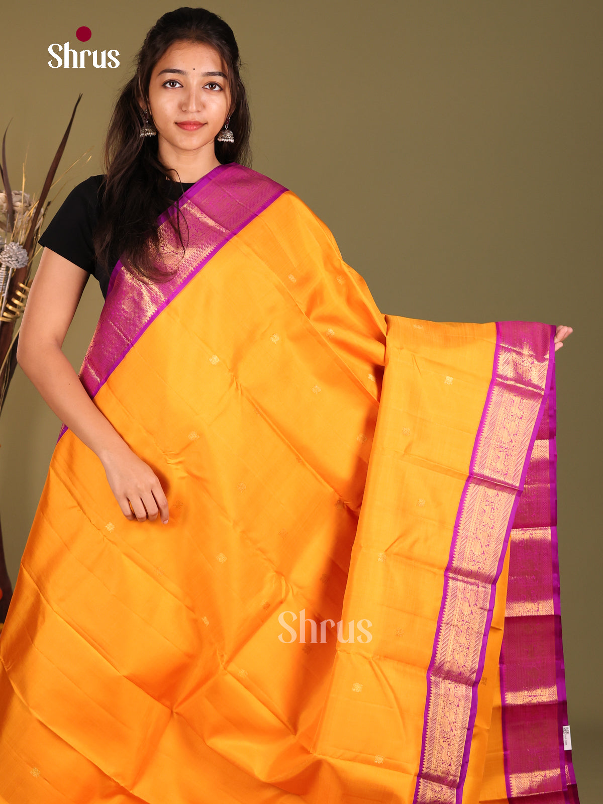 Luminous Mambazha Yellow Korvai Kanchipuram Silk Saree with Majenta brocade pallu 1