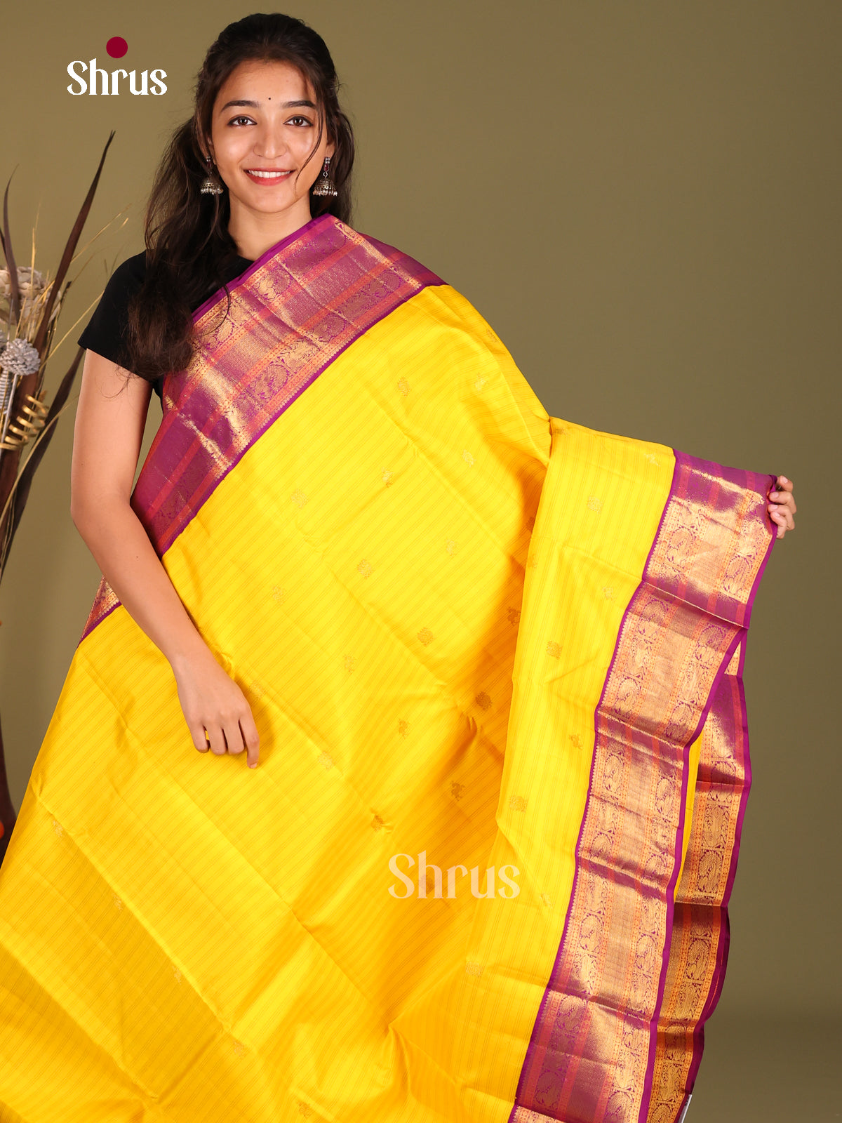 Radiant Korvai Yellow Kanchipuram Silk Saree with Subtle Stripes & Purple zari border 1