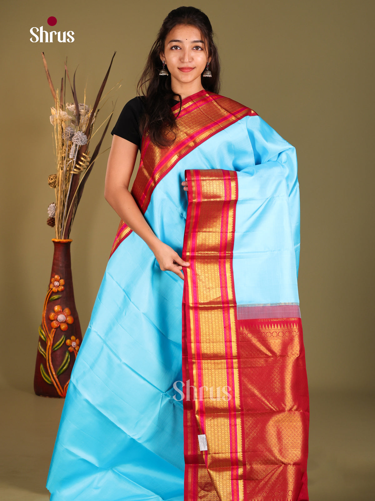 Elegant Light Blue Korvai Kanchipuram Silk Saree with Maroon Rettaipet zari border