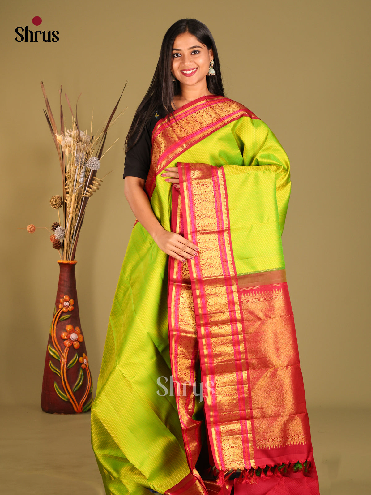 Korvai Parrot Green Kanchipuram Silk Saree with a Grand Maroon Rettaipet zari border