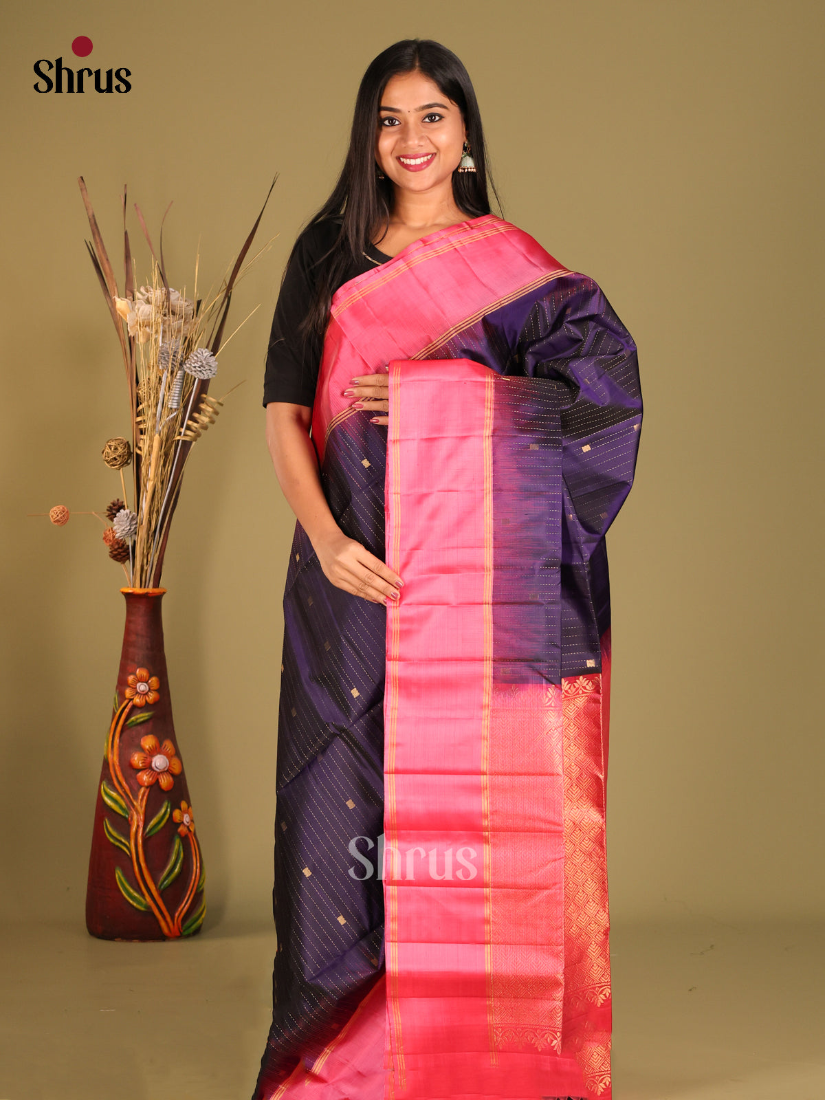 Blue & Pink Soft Silk Saree with zari checks , buttas