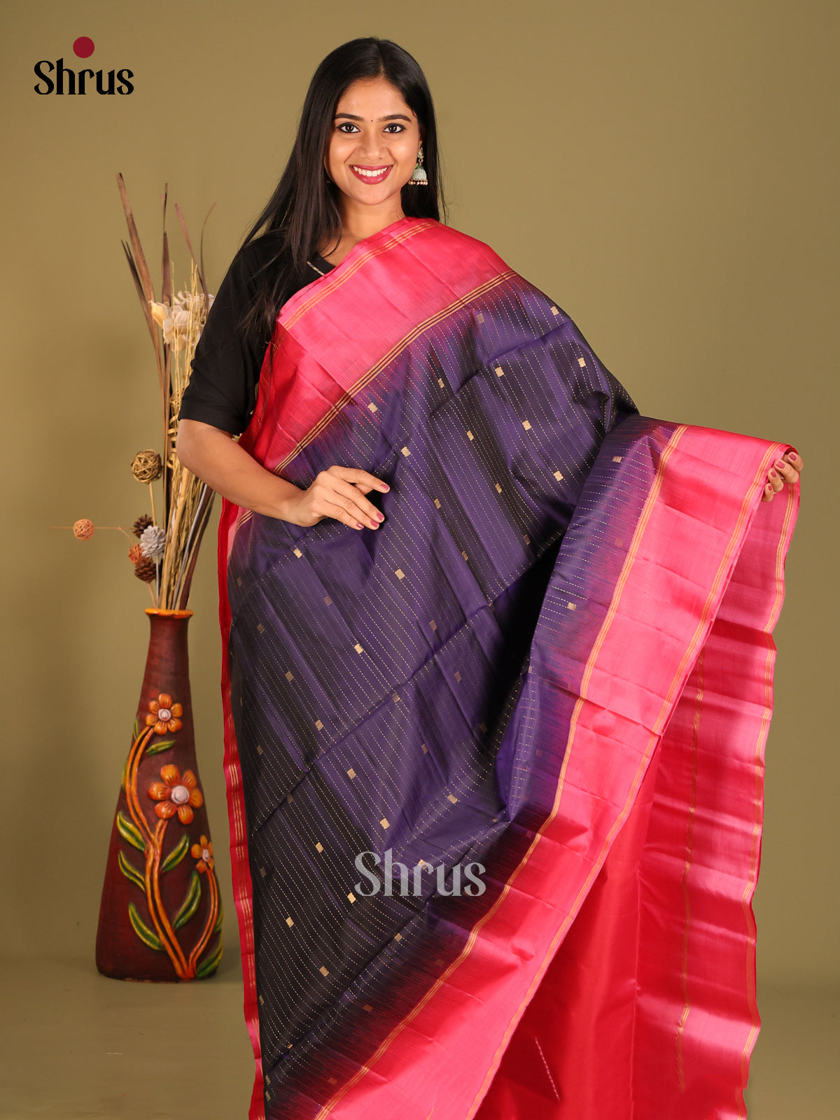 Blue & Pink Soft Silk Saree with zari checks , buttas