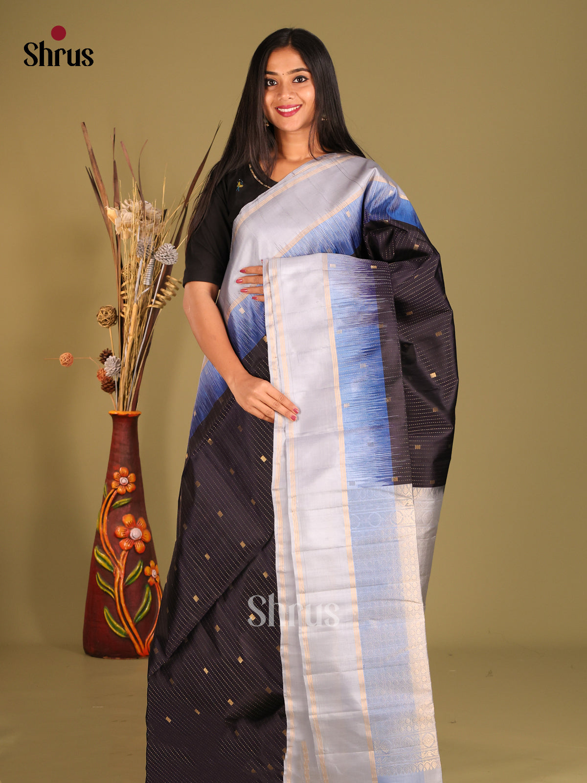 Elegant Black Soft Silk Saree with Zari Stripes & Grey rettaipet Zari border