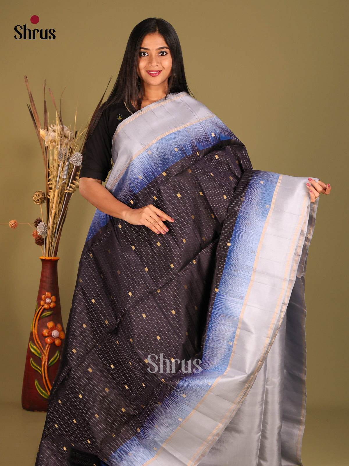Elegant Black Soft Silk Saree with Zari Stripes & Grey rettaipet Zari border -1