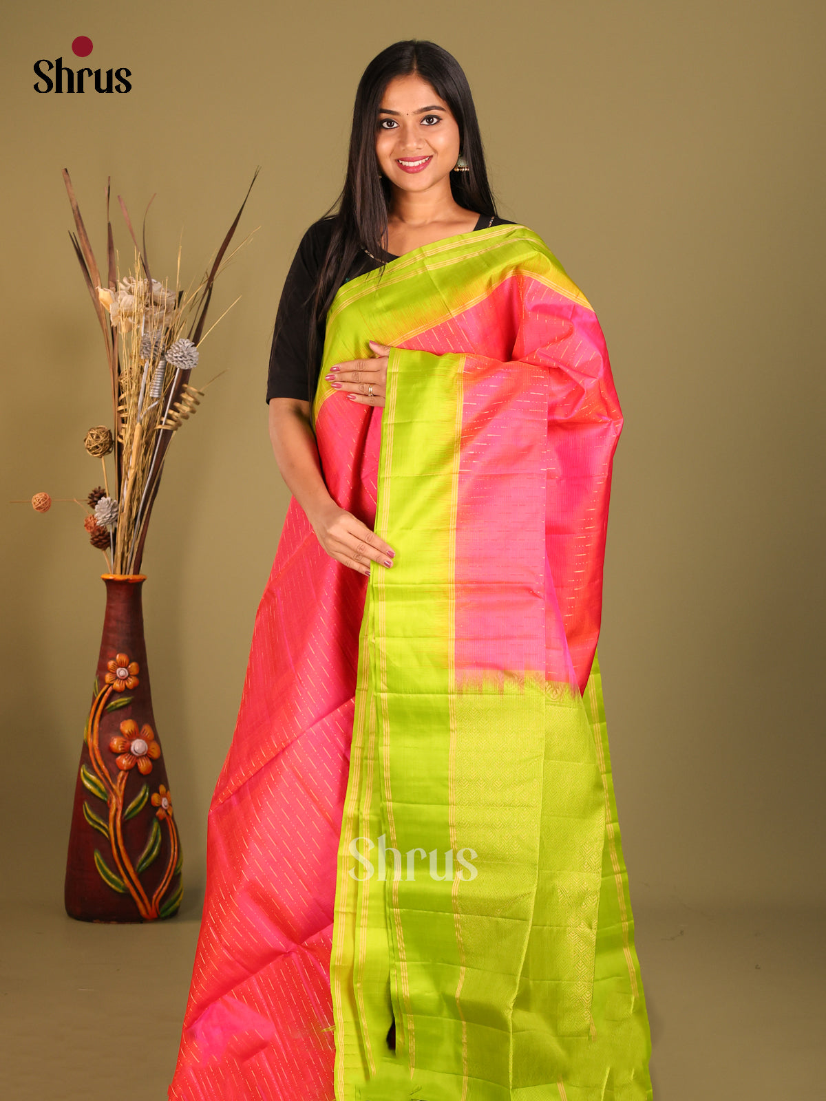 Stunning Orangish Pink Soft Silk Saree with zari stripes buttas & Green Rettaipet Zari Border