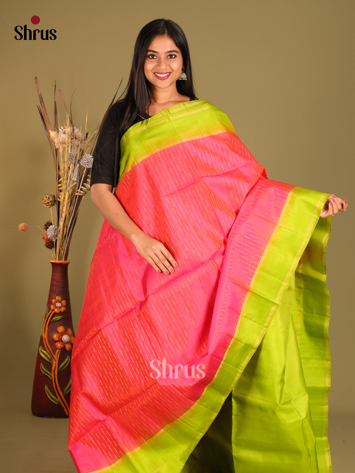 Stunning Orangish Pink Soft Silk Saree with zari stripes buttas & Green Rettaipet Zari Border -1