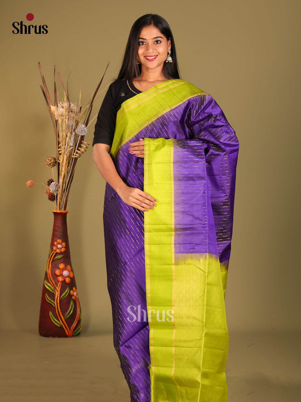 Violet & Green Soft Silk Saree with zari stripes buttas - Shop on Shrus.com