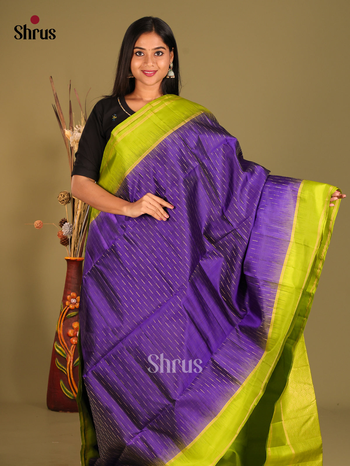 Violet & Green Soft Silk Saree with zari stripes buttas - Shop on Shrus.com