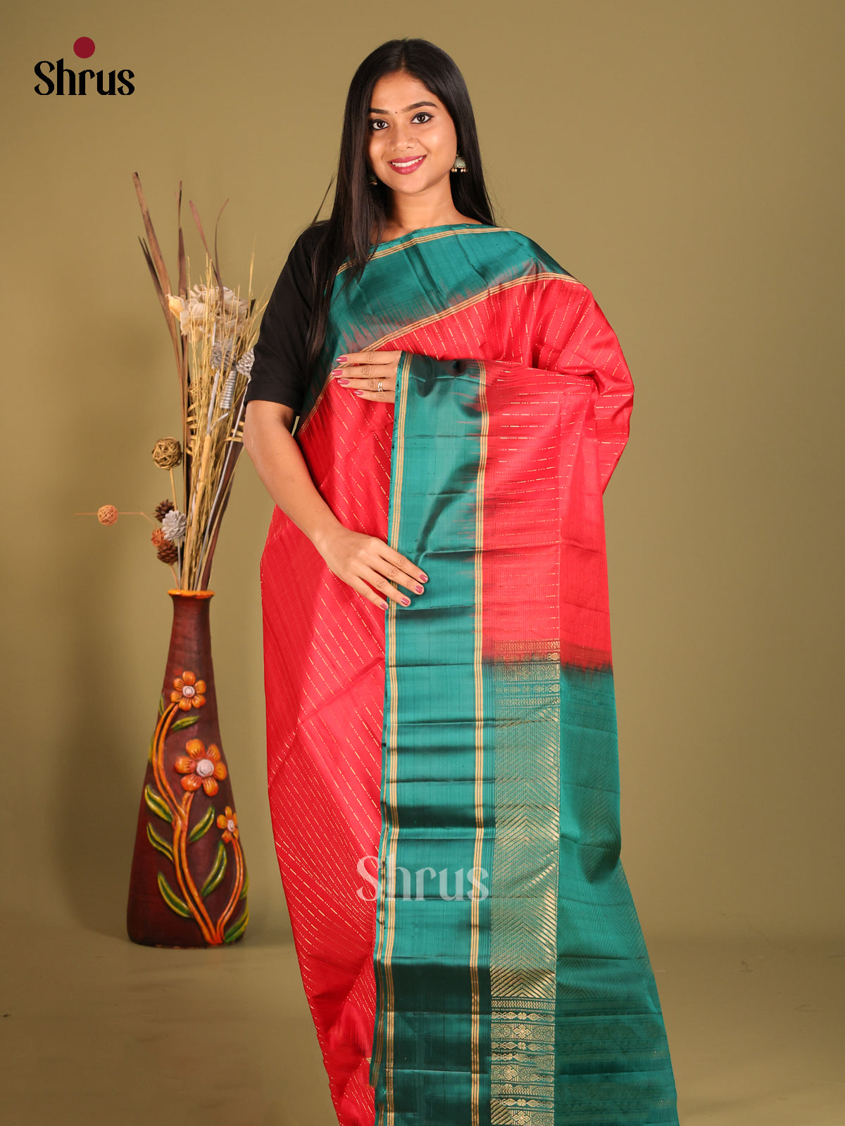Red & Green Soft Silk Saree with zari checks