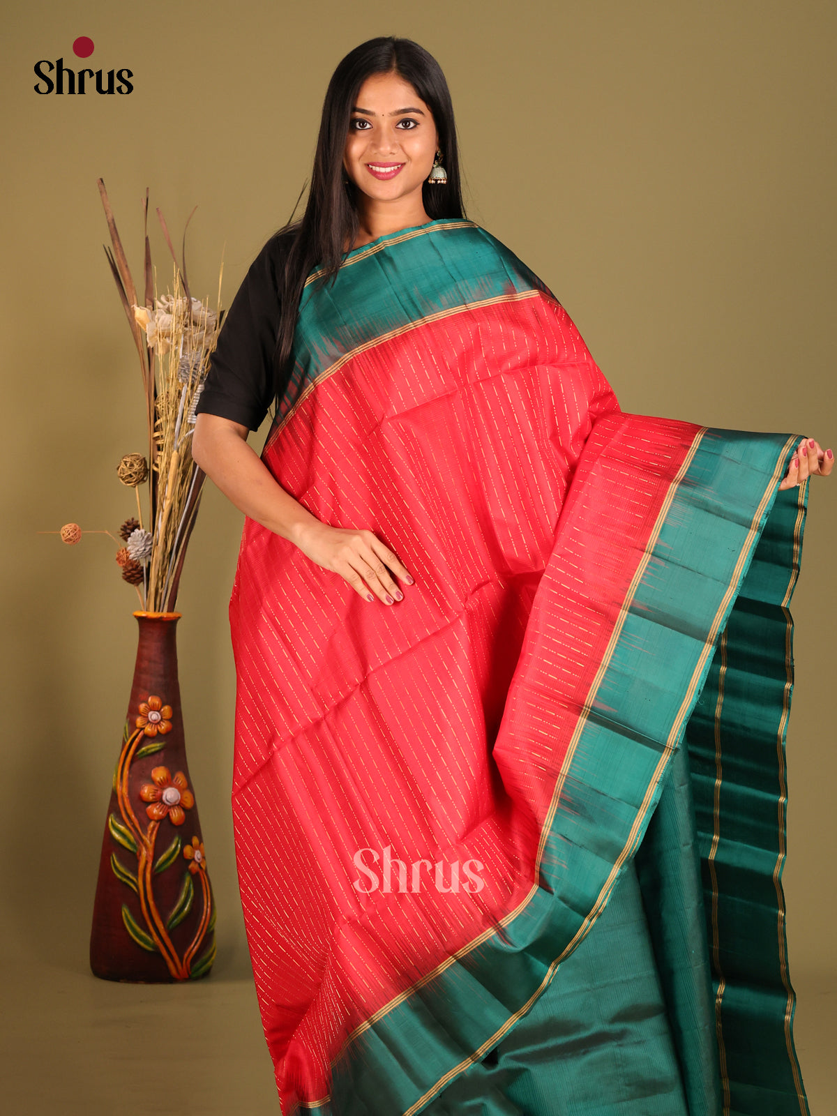 Red & Green Soft Silk Saree with zari checks